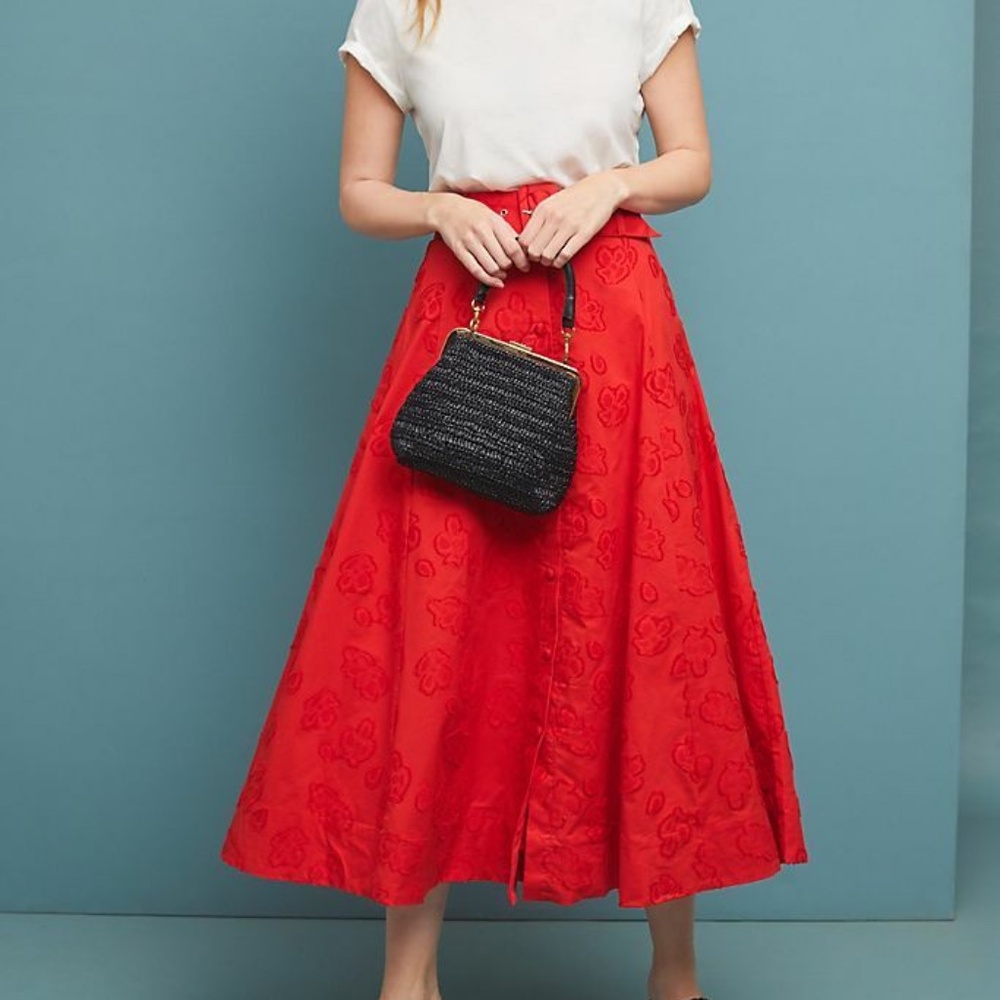 Anthropologie x Maeve Sandra Floral Red Belted Skirt, Size US 10/UK 14 - Picture 1 of 11